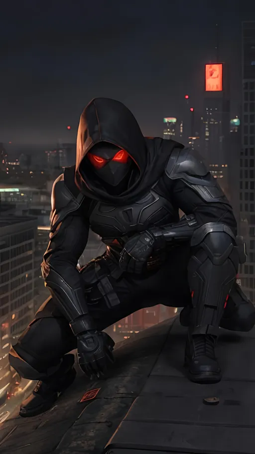 Prompt: A Caucasian male superhero with a black, grey and orange tactical suit with a dark mask with intensely glowing red eyes and a black hood, crouching on the top of an urban roof fixated on the street below. behance HD