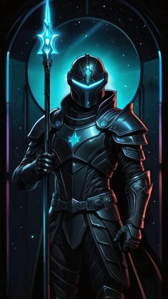 Prompt: A futuristic male warrior in light nanotech black armor with a black helmet which reflect the plentiful stars in the black night sky. He is holding a long glowing cyan spear and is floating distantly in the dark depths of space. Color enhance, High contrast, vector style