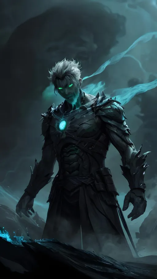 Prompt: A clump of swirling green biomass and grey bone tendrils in a generally male humanoid shape, transforming, shifting and churning into a normal male human. He is radiating thick black smoke with blue light shining out of the cracks. He is standing at the stern of a ship on the open sea.