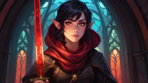 Prompt: A short female elf with messy thick short black hair wearing baggy black clothes with a long maroon scarf. She is drawing a Glowing crimson katana and is surrounded by a thick misty fog with floating vibrant crimson lights piercing through. Vector style, deep colors, rtx enabled