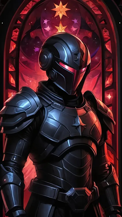 Prompt: A futuristic male warrior in light nanotech black armor with a black helmet which reflect the plentiful stars in the black night sky. He is holding bulky crimson gauntlets and is floating distantly in the dark depths of space. Color enhance, High contrast, vector style