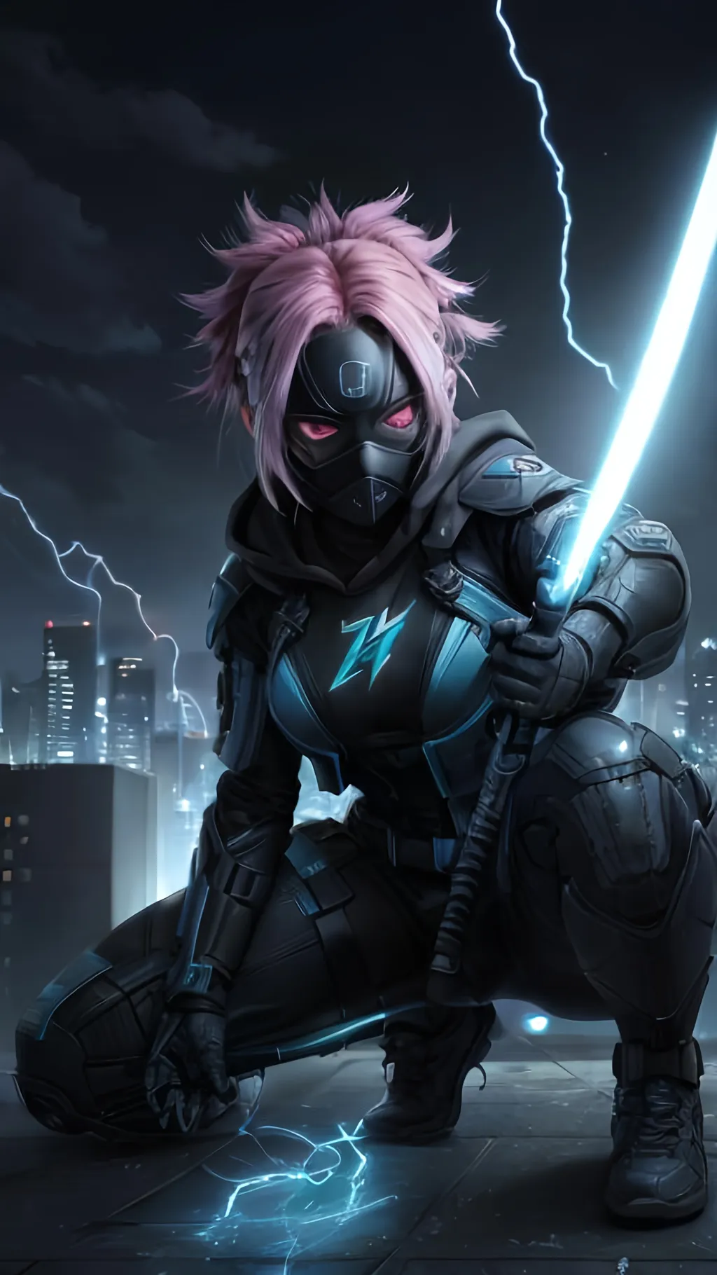 Prompt: A Caucasian female superhero wreathed in blue lightning with a black, grey and cyan tactical suit with a dark mask and black hood crouching on the top of an urban roof. She has tied back pink hair and glowing red eyes. She is surrounded by cyan electrical energy and has cyan light coming from her hands. behance HD