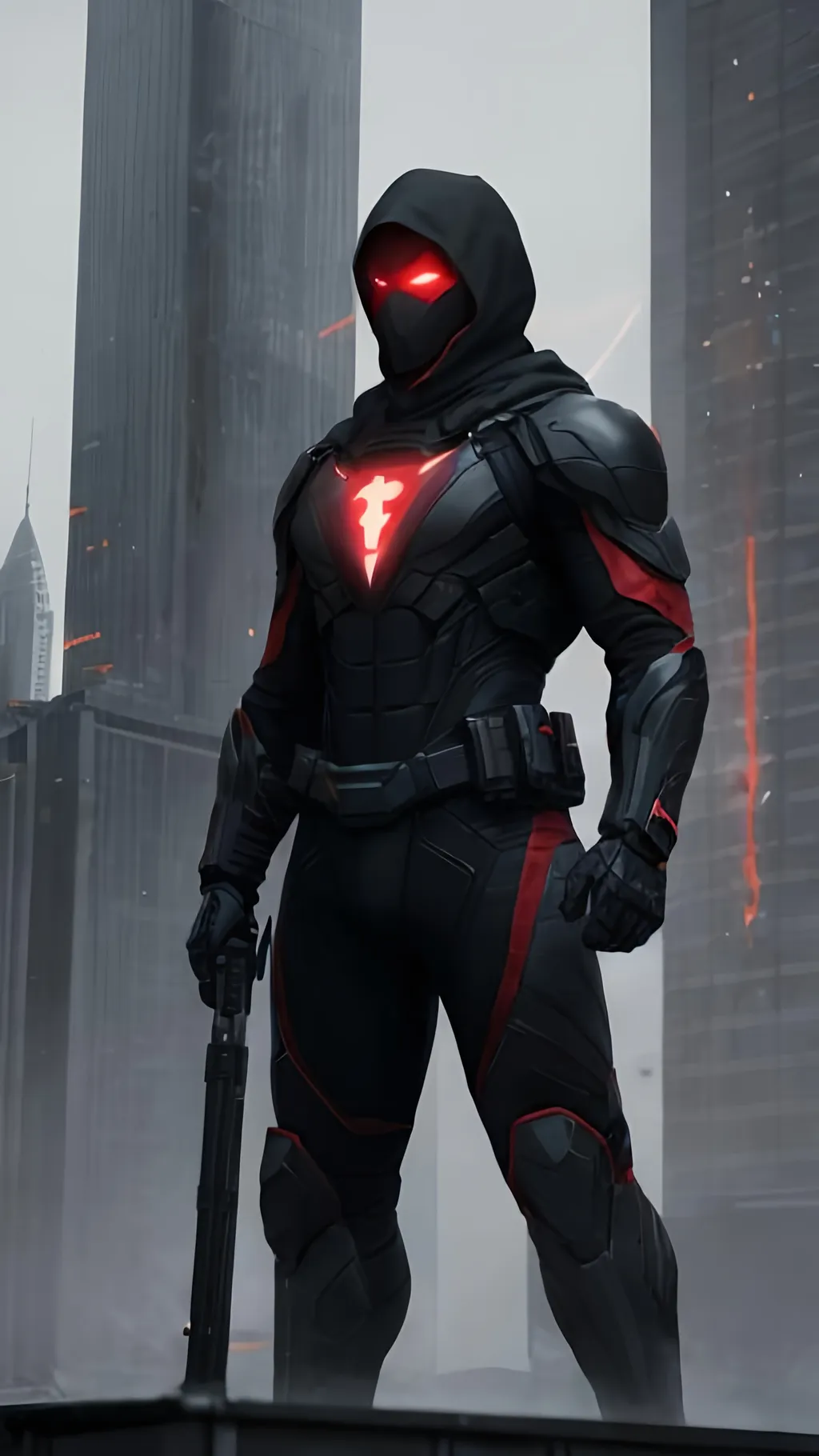 Prompt: A Caucasian male superhero with a black, grey and red tactical suit with a dark mask and black hood standing ominously on the top of an urban roof. He is shooting crimson energy lasers from his hands. behance HD