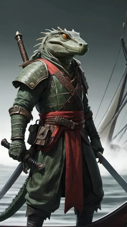 Prompt: A green lizardfolk alligator samurai with glowing amber eyes, pale scales, large red fins, baggy brown clothes and a long silver katana standing on the edge of a medieval sailing ship. dungeons and dragons, high contrast, color enhance, greyscale