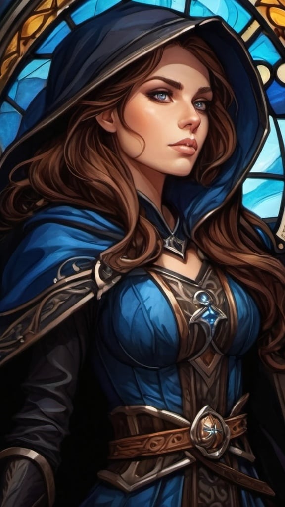 Prompt: A small suntanned storm sorceress with brown hair and an oversized black cloak that billows in the wind. She wields a long slender glowing blue blade with runes etched on the intricate blade. she stands proudly on the mast of a medieval sailing ship. dungeons and dragons style ,high contrast, color enhance