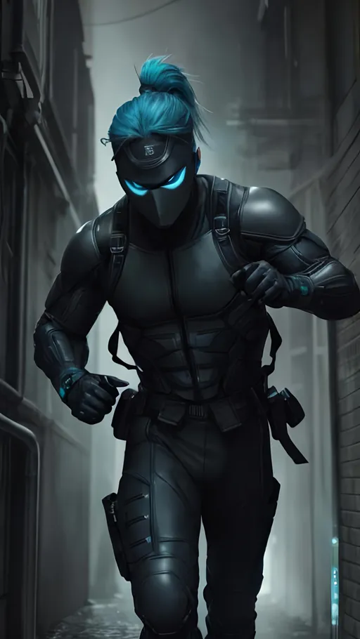 Prompt: A Caucasian male superhero with blue hair tied back in a ponytail, a black and grey tactical suit with a mask with glowing green eyes. He is running quickly through an alley at night holding to blue katanas made of intense light. behance HD