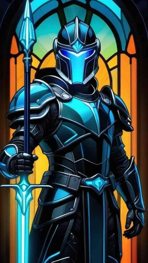 Prompt: A futuristic male warrior in light nanotech black armor with a black helmet with two blue visor slits. He is holding a long glowing cyan spear. Color enhance, High contrast, vector style