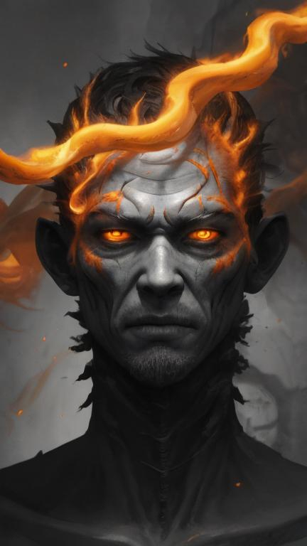 Prompt: A clump of swirling orange biomass and grey bone tendrils in a generally male humanoid shape, transforming, shifting and churning into a normal male human. He is radiating thick black smoke with orange light shining out of the cracks.