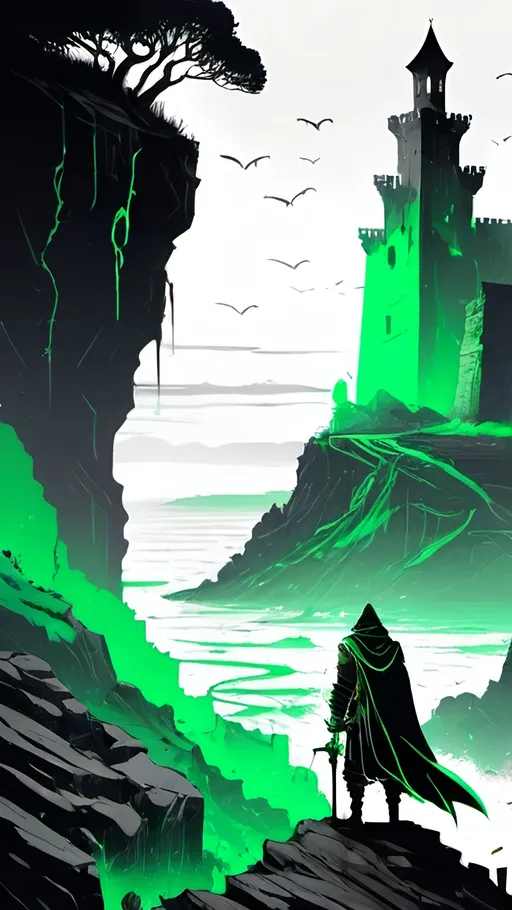 Prompt: A cryptic and majestic corpse reanimated with glowing green arcane runes and channels running across their decayed skin. He is wearing baggy black clothes and a green bandanna. He is standing on a stone outcrop overlooking a vast sea with a ruined castle in the distance. High contrast, color enhance