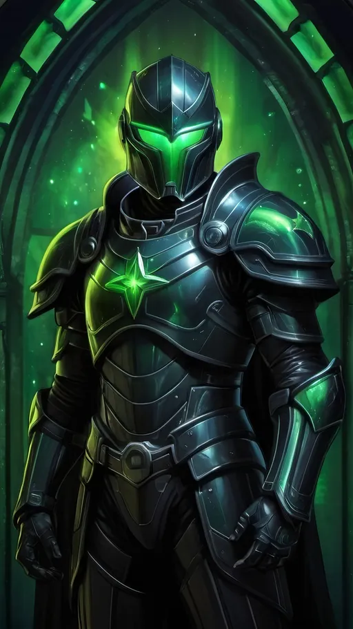 Prompt: A futuristic lanky male warrior in light nanotech black armor with a black helmet which reflect the plentiful stars in the black night sky. He is holding Green gauntlets and is floating distantly in the dark depths of space. Color enhance, High contrast, vector style, enhance reflections