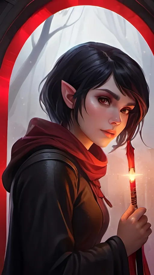 Prompt: A short female elf with short black hair wearing baggy black clothes with a long maroon scarf. She is drawing a Glowing crimson katana and is surrounded by a thick misty fog with floating vibrant crimson lights piercing through. Vector style, Color Enhance