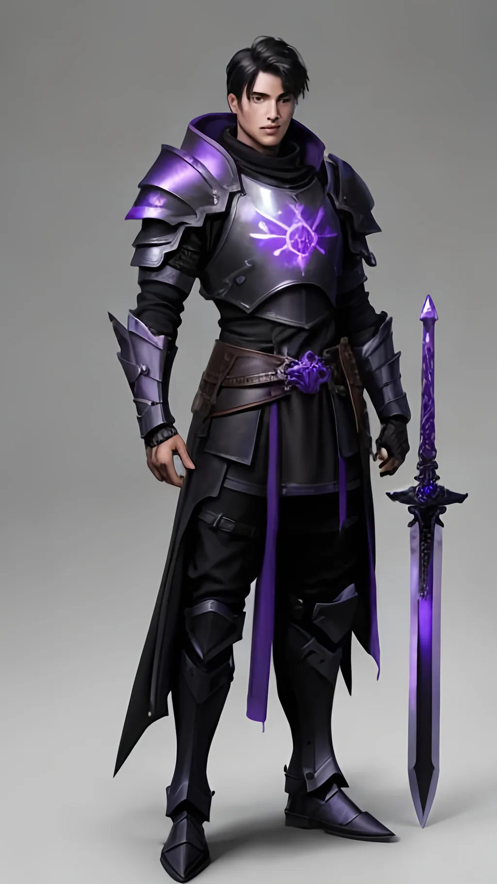 Prompt: A lean male Caucasian paladin with short black hair, dull black and rusted armor and a long glowing purple blade. Behance HD