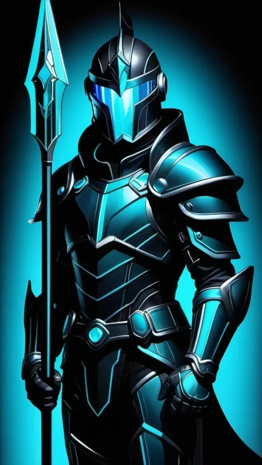 Prompt: A futuristic male warrior in light nanotech black armor with a black helmet with two blue visor slits. He is holding a long glowing cyan spear and is floating distantly in the dark depths of space. Color enhance, High contrast, vector style