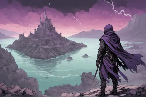 Prompt: A cryptic and majestic corpse reanimated with glowing Purple arcane runes and channels running across their decayed skin. He is wearing baggy black clothes and a Purple bandanna. He is standing on a stone outcrop overlooking a vast sea with a ruined castle in the distance. High contrast, color enhance