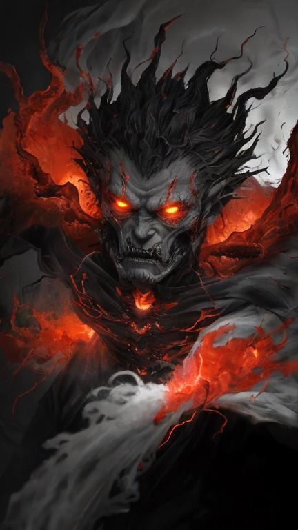 Prompt: A clump of swirling red biomass and grey bone tendrils in a generally male humanoid shape, transforming, shifting and churning into a normal male human. He is radiating thick black smoke with orange light shining out of the cracks.