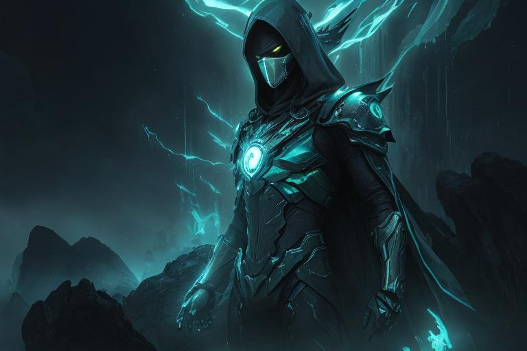 Prompt: An abnormally tall and lanky male humanoid hunched forward in nanotech armor. His face is covered with a metal mask with beady glowing Green eyes under a black hood. He stands on a Rock amidst a series of islands floating in the air surrounded by an ethereal black and teal mist. behance HD