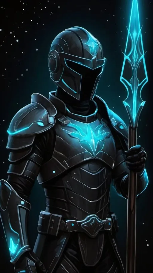 Prompt: A futuristic male warrior in light nanotech black armor with a black helmet which reflect the plentiful stars in the black night sky. He is holding a long glowing cyan spear and is floating distantly in the dark depths of space. Color enhance, High contrast, vector style