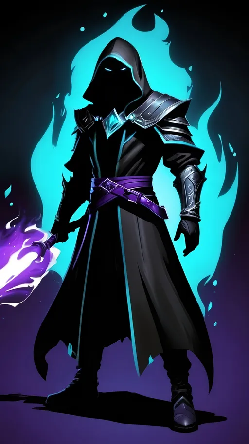 Prompt: A former drow slave turned shadow sorcerer. The young boy has obsidian black skin and marble white hair. He wears a tattered black cloak, leather armor and a hood to cover his face. His power manifests as liquid purple and cyan flames that hover around him. The shadows around him shift and change showing anger despite his emotionless face. Vector Style, Color Enhance, High contrast