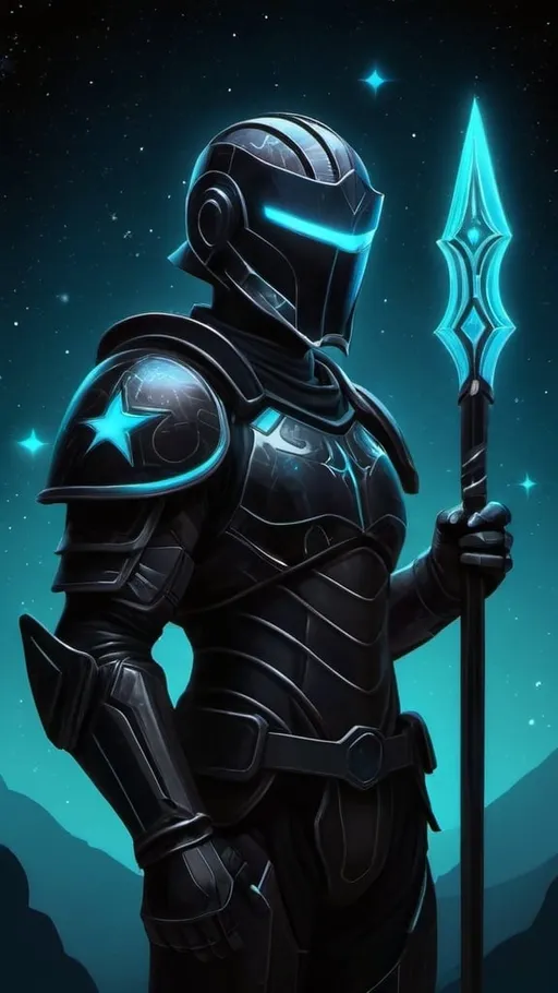 Prompt: A futuristic male warrior in light nanotech black armor with a black helmet which reflect the plentiful stars in the black night sky. He is holding a long glowing cyan spear and is floating distantly in the dark depths of space. Color enhance, High contrast, vector style