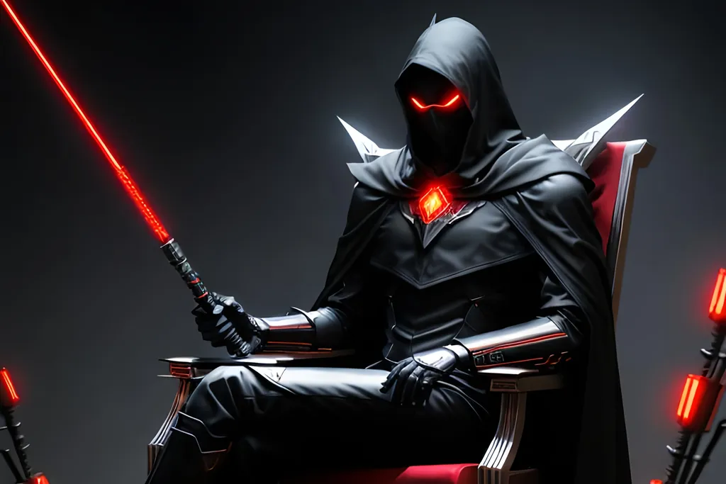 Prompt: An abnormally tall and lanky humanoid hunched over in nanotech armor with spines and metal protrusions. He has a black cape and is sitting ominously on a floating mechanical chair. His face is covered with a metal mask with beady glowing red eyes under a black hood. behance HD