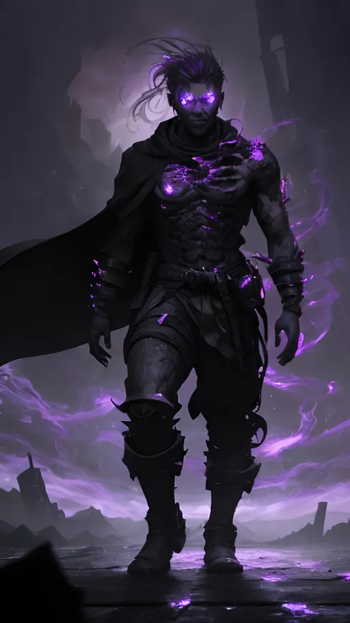 Prompt: A clump of swirling purple biomass and grey bone tendrils in a generally male humanoid shape, transforming, shifting and churning into a normal male human. He is radiating thick black smoke with red light shining out of the cracks. He is standing at the stern of a ship on the open sea.