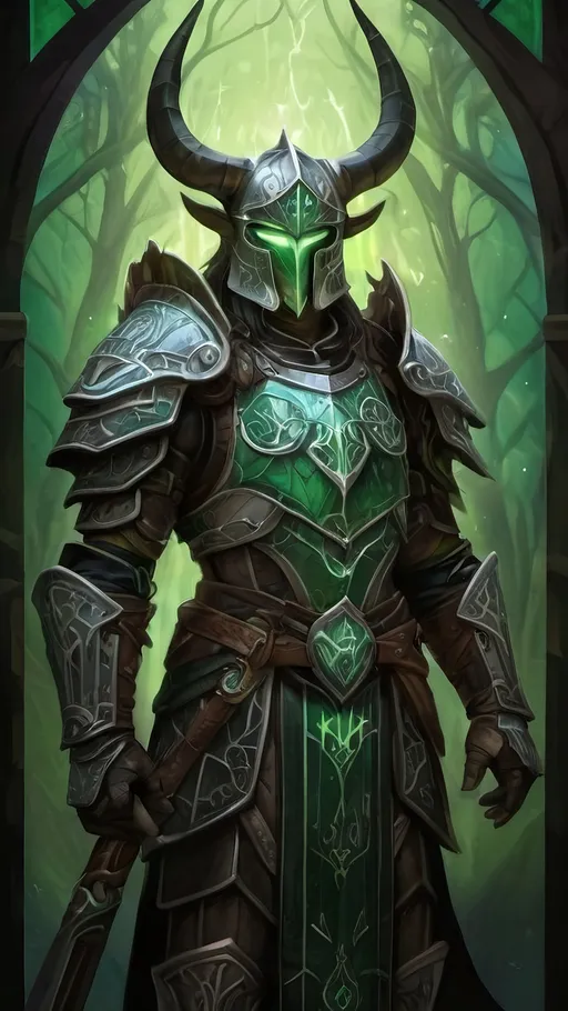 Prompt: A tall male druid paladin wearing intricate silver and green runic armor covered with bone shards with an ambient glowing mist. He has a full face helmet with long organic horns. color enhance, high contrast, fantasy style