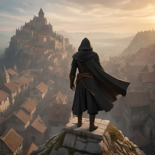 Prompt: A dramatic, high contrast scenic view of a medieval city with a lone assassin in a black cloak standing on the peak of a roof looking down on a mass of roaming citizens. Sunrise, color enhance, assassins creed