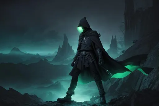 Prompt: An abnormally tall and lanky male humanoid hunched forward wearing baggy black clothes. his face is covered with a metal mask with beady glowing Green eyes under a black hood. He stands on a Rock amidst a series of islands floating in the air surrounded by an ethereal black and teal mist. behance HD