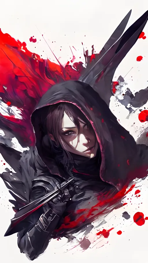 Prompt: A female vampire falling through the air with flying knives wearing a dark fantasy themed tactical suit with a hood and a translucent veil covering her face. She holds two long intricate knives and is surrounded by vibrant liquid crimson energy swirling through the air.