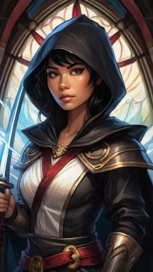 Prompt: A young Filipino storm sorceress with short black hair wearing a black cloak that billows in the wind with an oversized hood and baggy pirate clothes. She wields a long slender glowing white katana wreathed in floating lightning and liquid white energy. she stands proudly on the mast of a medieval sailing ship. dungeons and dragons style ,high contrast, color enhance