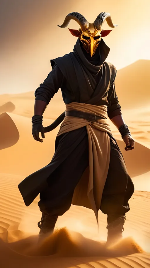 Prompt: a storm of twisting swirling sand lifting a lanky male Tiefling with sleek horns and a sturdy build covered in sand, wearing black baggy clothes and a mask, standing in a low stance, magically kicking up a sandstorm with vibrant golden light shining through the sand. Vector Style, Color enhance, Fantasy Style