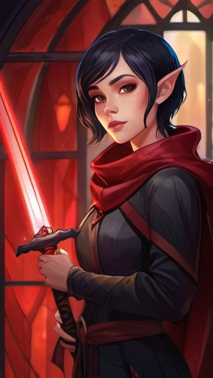 Prompt: A short female elf with short black hair wearing baggy black clothes with a long maroon scarf. She is drawing a Glowing crimson katana and is surrounded by a thick misty fog with floating vibrant crimson lights piercing through. Vector style, Color Enhance