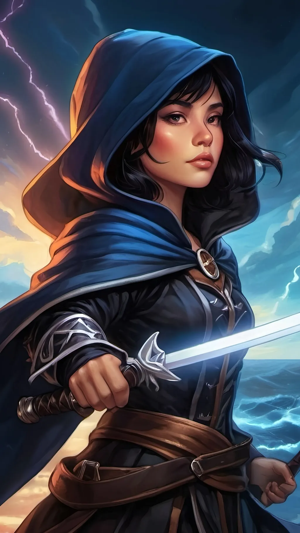 Prompt: A young Filipino storm sorceress with short black hair wearing a black cloak that billows in the wind with an oversized hood and baggy pirate clothes. She wields a mystical glowing blue katana wreathed in floating lightning and liquid white energy. she stands proudly on the mast of a medieval sailing ship. dungeons and dragons style ,high contrast, color enhance