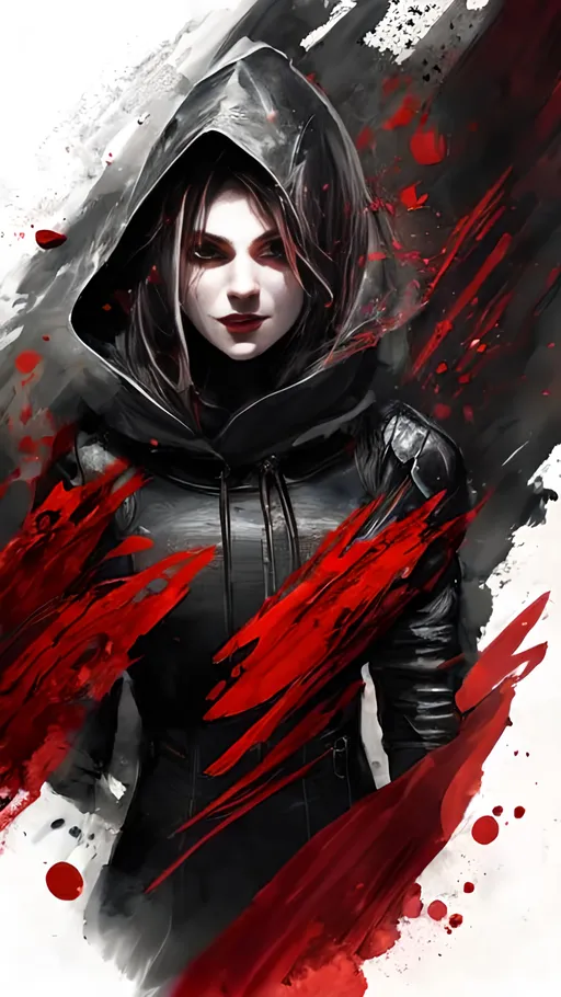 Prompt: A female vampire falling through the air with flying knives wearing a dark fantasy themed tactical suit with a hood and a translucent veil covering her face. She holds two long intricate knives and is surrounded by vibrant liquid crimson energy swirling through the air.