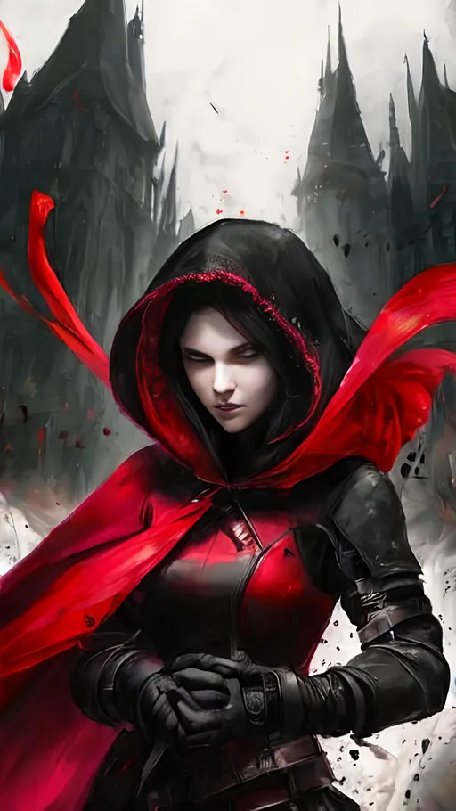 Prompt: A female vampire falling through the air with flying knives wearing a dark fantasy themed tactical suit with a hood and a translucent veil covering her face. She holds two long intricate knives and is surrounded by vibrant liquid crimson energy swirling through the air.