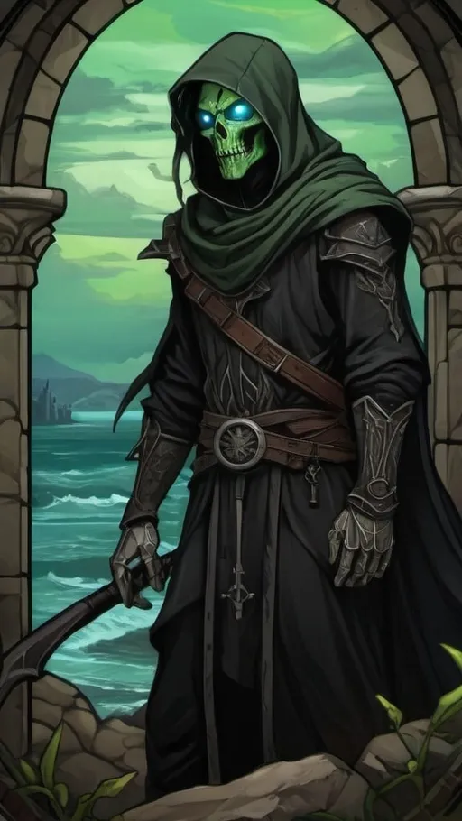 Prompt: A cryptic and majestic corpse reanimated with glowing green arcane runes and channels running across their decayed skin. He is wearing baggy black clothes and a green bandanna. He is standing on a stone outcrop overlooking a vast sea with a ruined castle in the distance. Vector style, color enhance