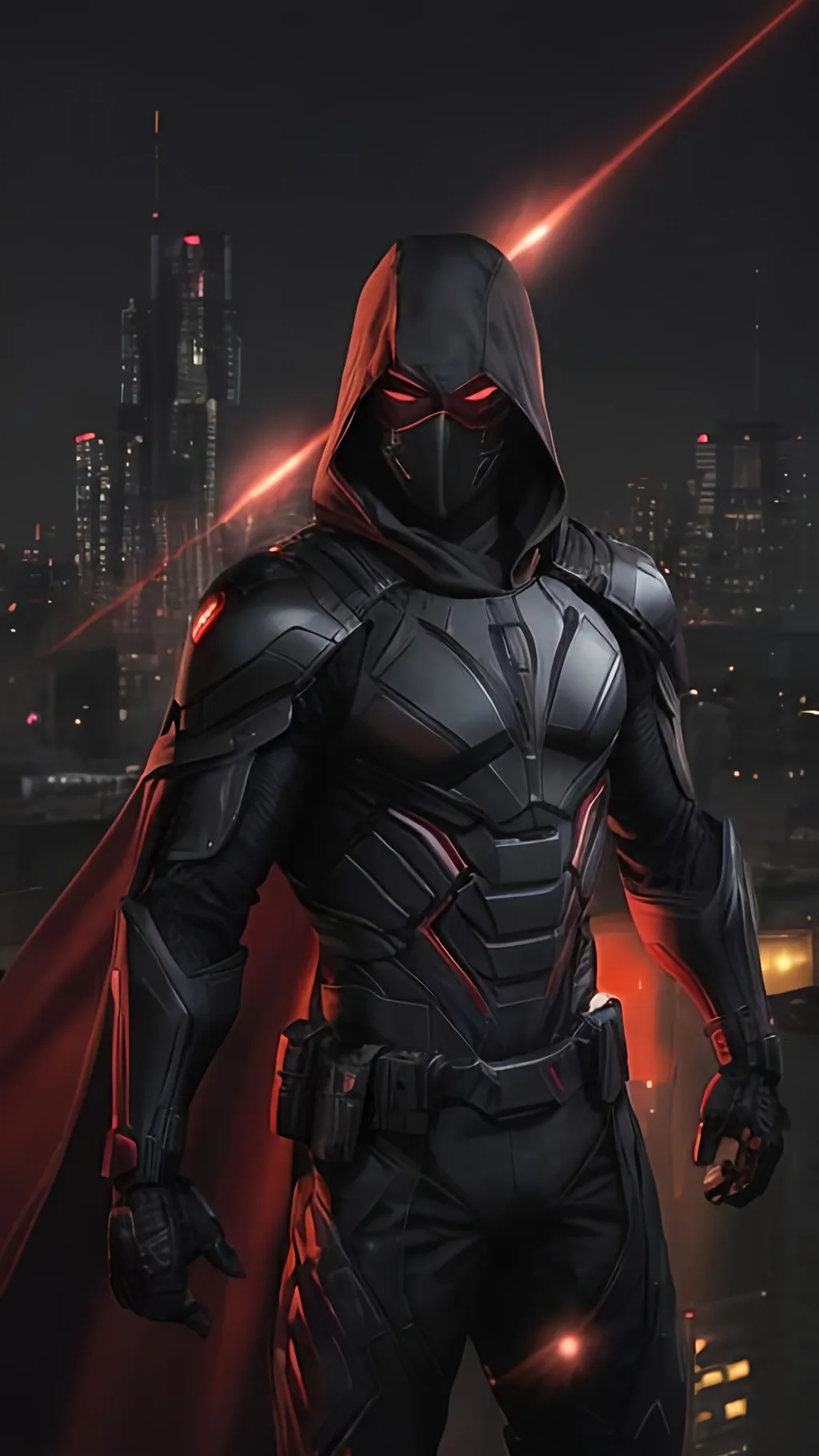 Prompt: A Caucasian male superhero with a black, grey and red tactical suit with a dark mask and black hood standing ominously on the top of an urban roof surrounded with liquid crimson light. He is shooting crimson energy lasers from his hands. behance HD