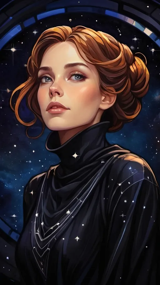 Prompt: A futuristic lanky elegant female seer Floating aimlessly in the dark depths of space. She is wearing an intricate organic baggy black dress with a black cowl. There are plentiful stars and galaxies in the blackened night. Color enhance, High contrast, vector style, enhance reflections