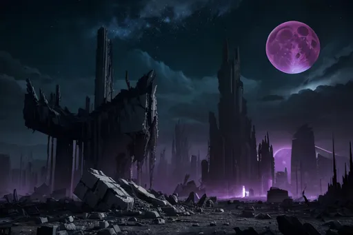 Prompt: A dark Post-apocalyptic landscape covered in jagged rocks, broken buildings, wreckages and dead trees cast under a shattered and broken purple moon and a sky filled with countless stars. behance HD