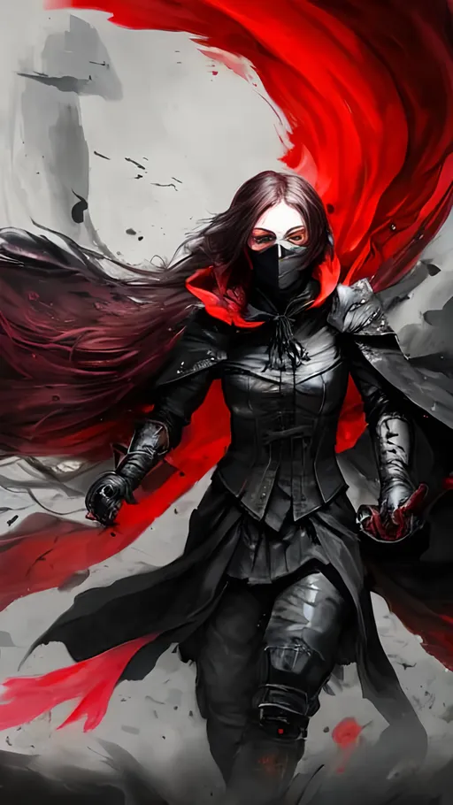 Prompt: A female vampire falling through the air with flying knives wearing a dark fantasy themed tactical suit with a hood and a translucent veil covering her face. She holds two long intricate knives and is surrounded by vibrant liquid crimson energy swirling through the air.