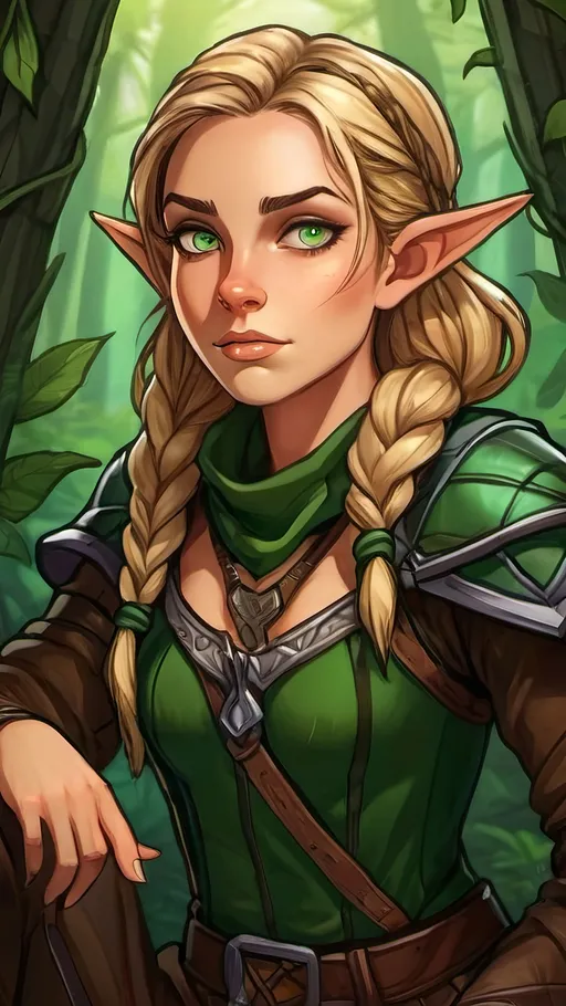 Prompt: A lanky female forest elf hunter with braided blond hair and vibrant green eyes. She had modest baggy brown hunting clothes and a bandanna around her neck. She is crouched down in the middle of a dense forest. high Fantasy style, high contrast, vector style
