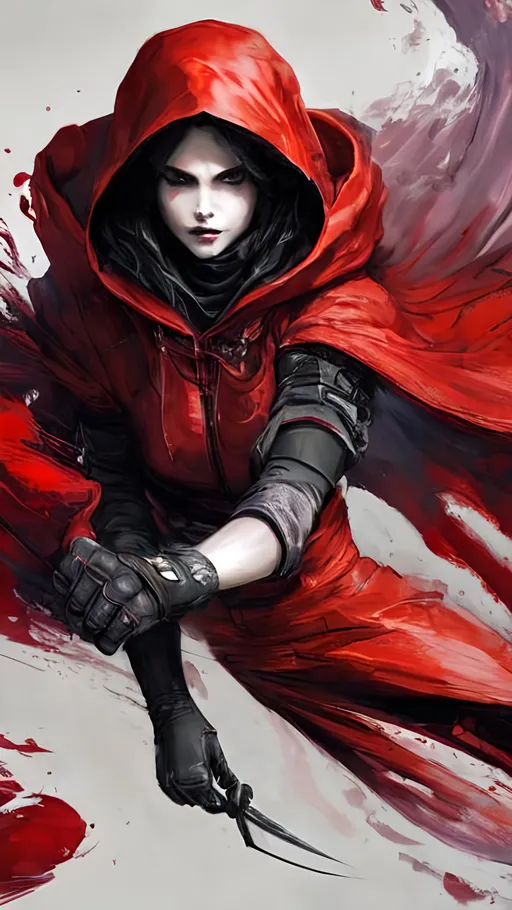 Prompt: A female vampire falling through the air with flying knives wearing a dark fantasy themed tactical suit with a hood and a translucent veil covering her face. She holds two long intricate knives and is surrounded by vibrant liquid crimson energy swirling through the air.