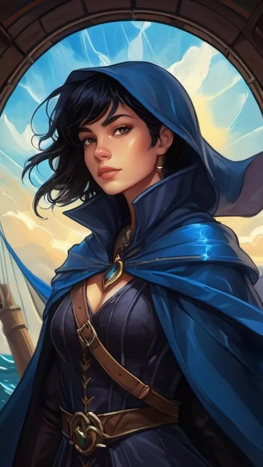Prompt: A young islander storm sorceress with short black hair wearing an oversized black cloak that billows in the wind and baggy pirate clothes. She wields a long slender glowing blue sword wreathed in floating lightning and liquid blue energy. she stands proudly on the mast of a medieval sailing ship. dungeons and dragons style ,high contrast, color enhance