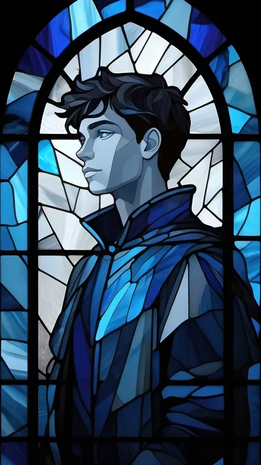 Prompt: A grey and black silhouette in a shattered stained glass window with highlights of blue in the form of a young male that used to be there. nothing but empty space is left behind. Fantasy style, Vector Style, color enhance