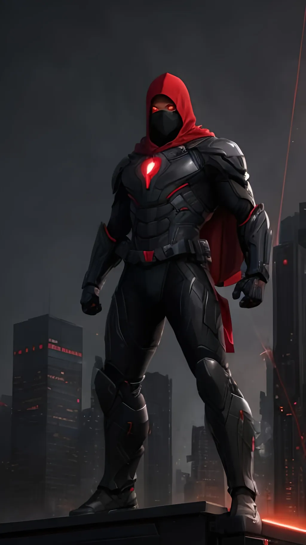 Prompt: A Caucasian male superhero with a black, grey and red tactical suit with a dark mask and black hood standing ominously on the top of an urban roof surrounded with floating crimson energy. He is shooting crimson energy lasers from his hands. behance HD