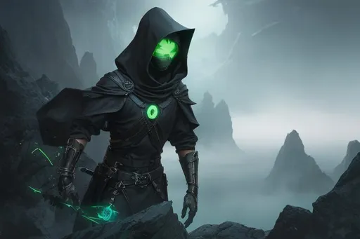 Prompt: An abnormally tall and lanky male humanoid hunched forward wearing baggy black clothes. his face is covered with a metal mask with beady glowing Green eyes under a black hood. He stands on a Rock amidst a series of islands floating in the air surrounded by an ethereal black and teal mist. behance HD