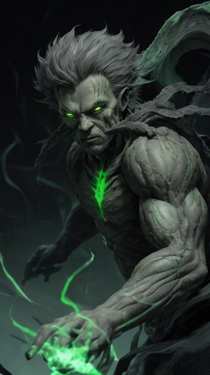 Prompt: A clump of swirling green biomass and grey bone tendrils in a generally male humanoid shape, transforming, shifting and churning into a normal male human. He is radiating Thick black smoke with green light shining out of the cracks.