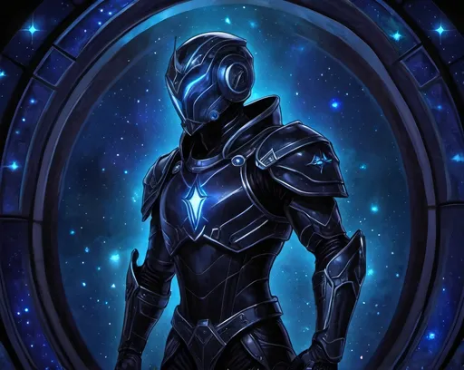 Prompt: A futuristic lanky male warrior Floating aimlessly in the dark depths of space. He is wearing light nanotech black armor with a black helmet which reflects the plentiful stars and galaxies in the blackened night. He is holding deep blue gauntlets. Color enhance, High contrast, vector style, enhance reflections