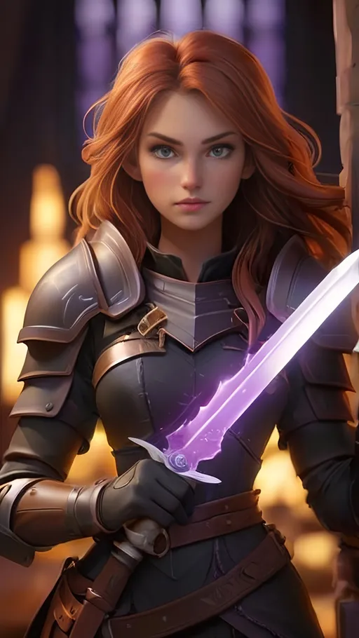 Prompt: A lanky ragged Female Caucasian paladin with long brown hair, dull black copper armor with a glowing purple rune on the chestplate. She is holding a long glowing purple blade. Behance HD