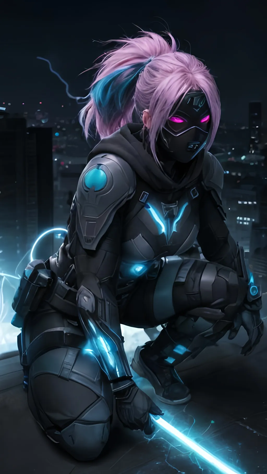 Prompt: A Caucasian female superhero wreathed in blue lightning with a black, grey and cyan tactical suit with a dark mask and black hood crouching on the top of an urban roof. She has tied back pink hair and glowing red eyes. She is surrounded by cyan electrical energy and has cyan light coming from her hands. behance HD